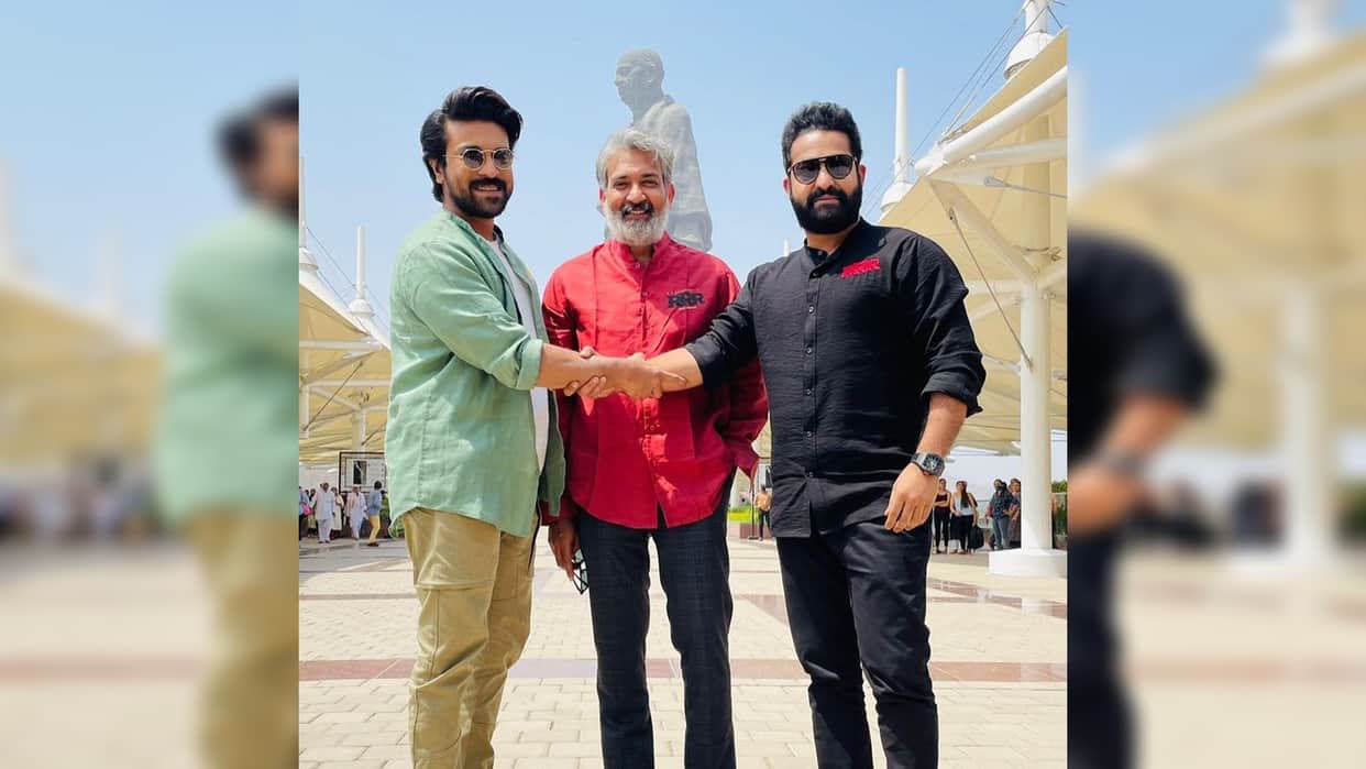 SS Rajamouli Ramcharan and Jr NTR reach Gujarat RRR becomes the first film to make their presence front of Statue of Unity