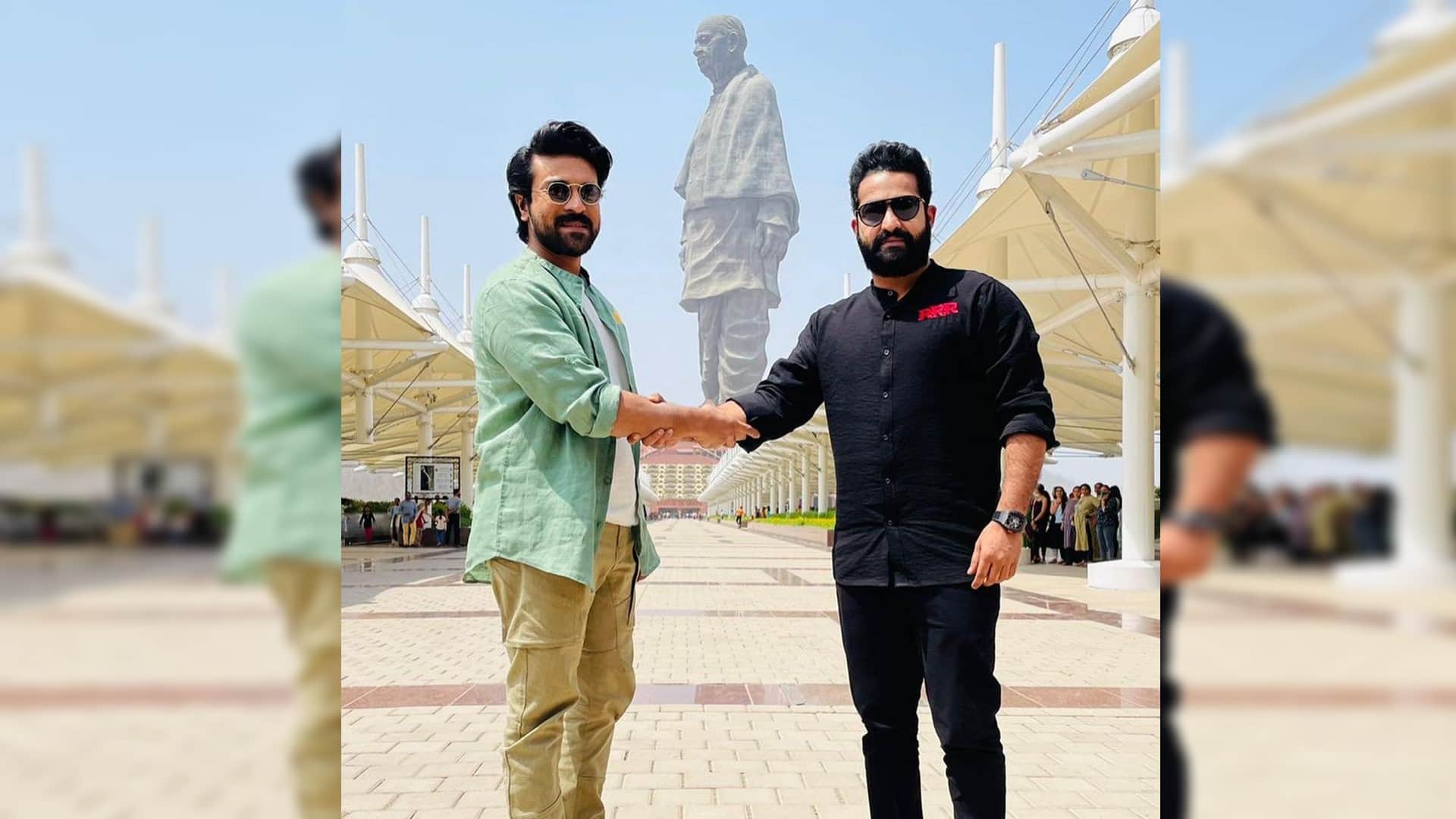 SS Rajamouli Ramcharan and Jr NTR reach Gujarat RRR becomes the first film to make their presence front of Statue of Unity