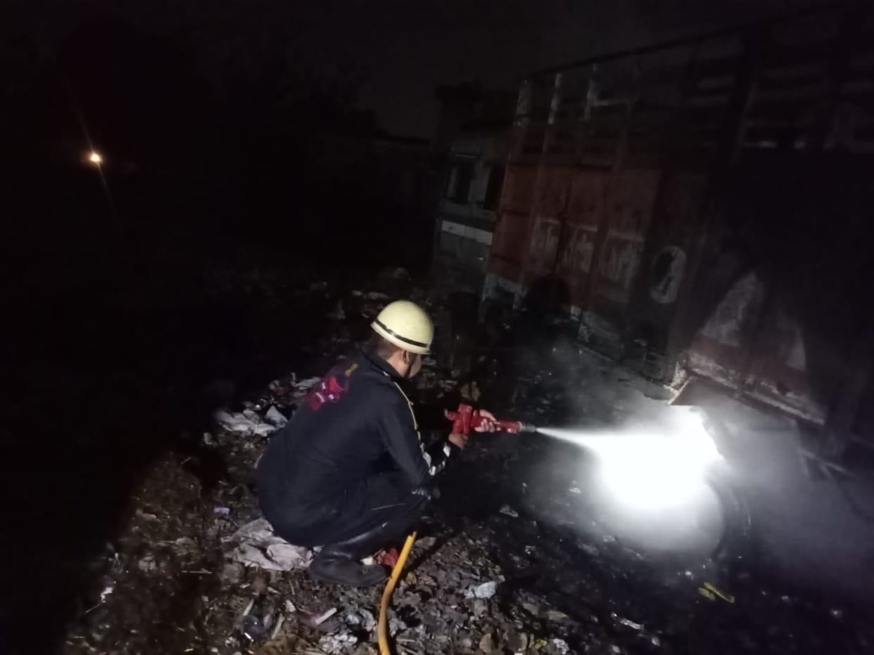A truck parked on the roadside burnt to ashes