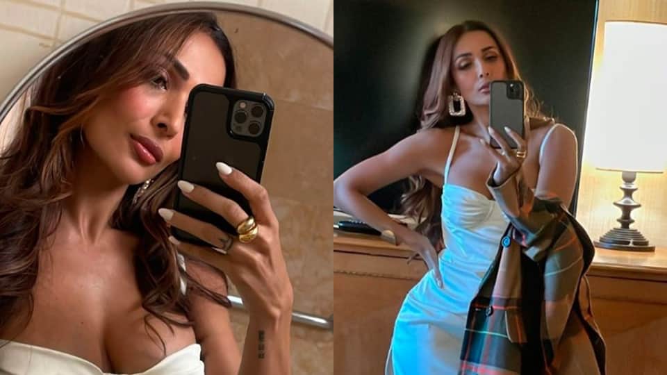 malaika arora hot mirror selfie she given bold pose in white gown