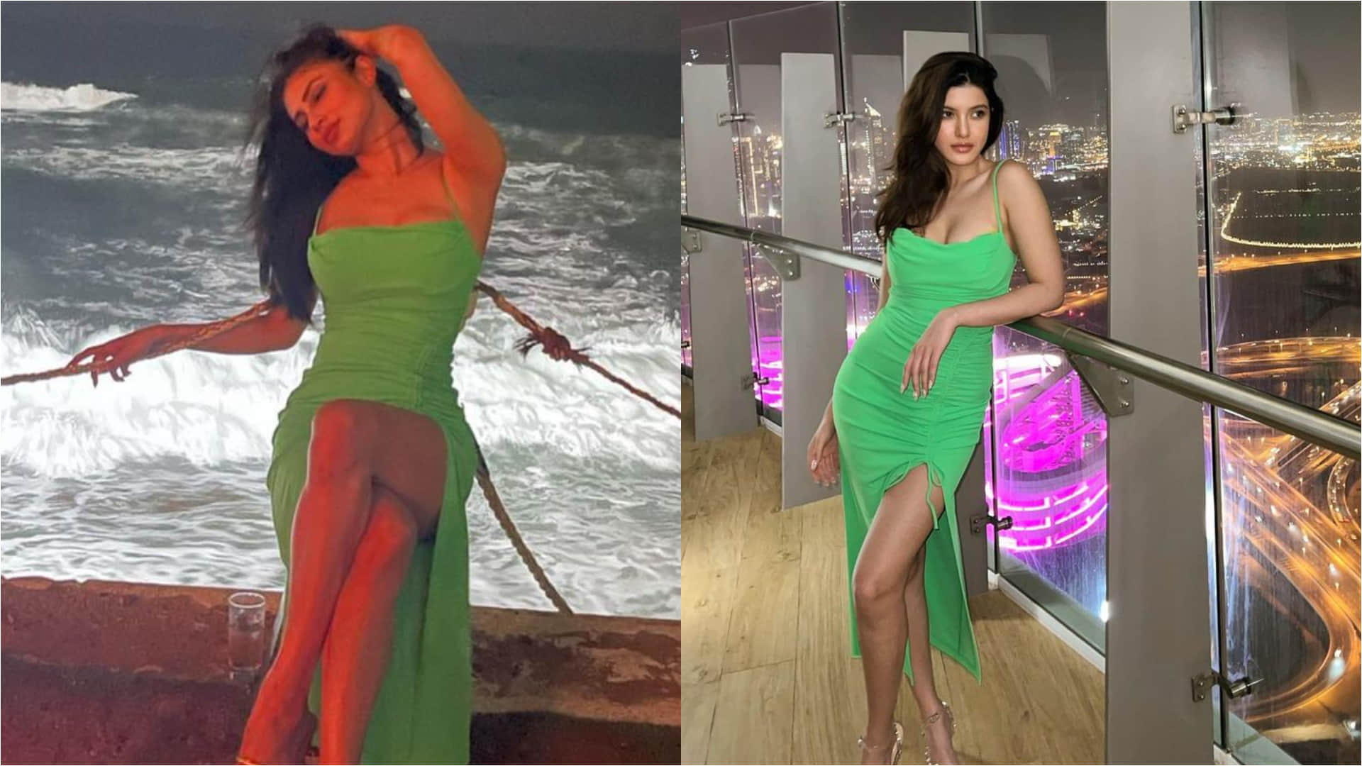 fashion faceoff shanaya kapoor mouni roy wears green thigh high slit dress look sizzling