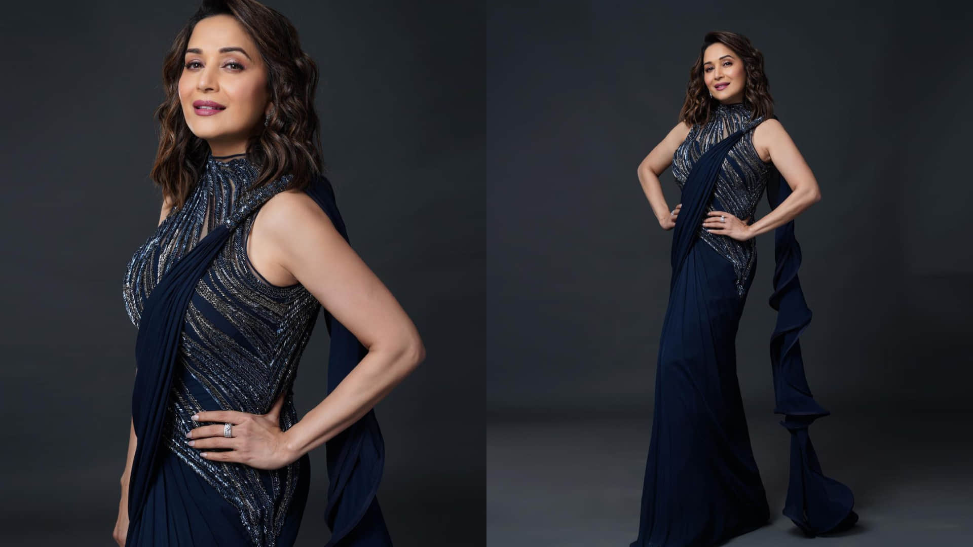 madhuri dixit latest photoshoot in white pant suit with floral print top looking younger her age