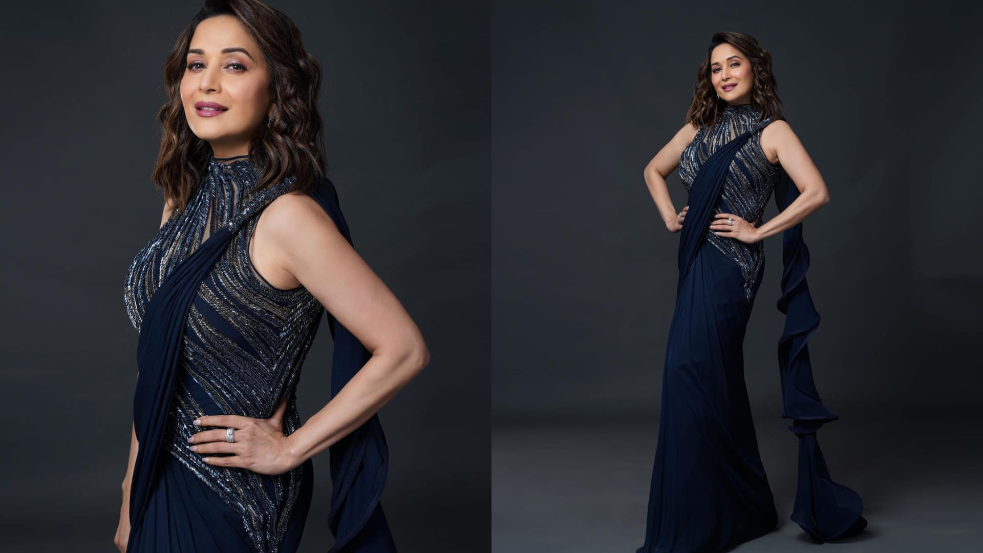 madhuri dixit latest photoshoot in white pant suit with floral print top looking younger her age