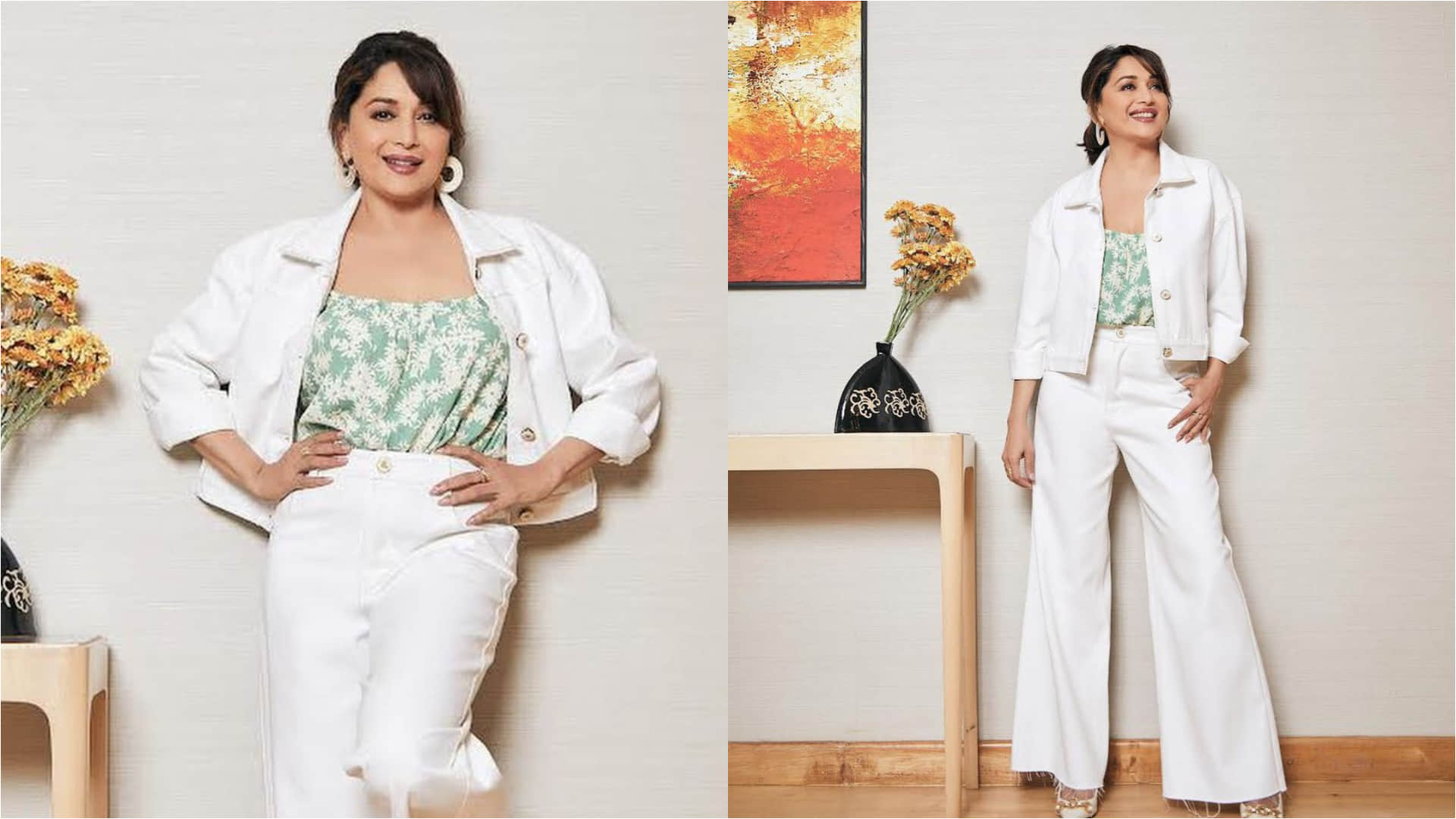 madhuri dixit latest photoshoot in white pant suit with floral print top looking younger her age