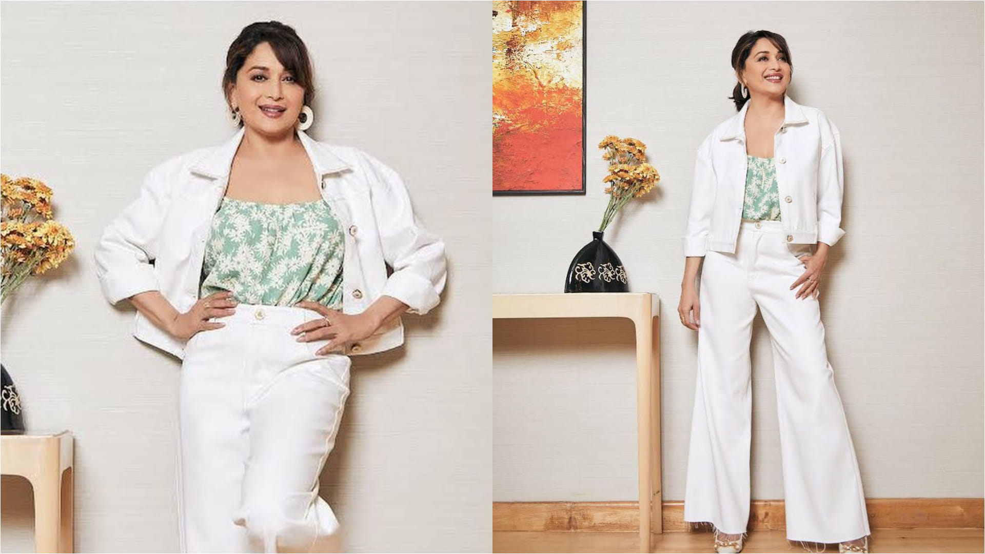 madhuri dixit latest photoshoot in white pant suit with floral print top looking younger her age