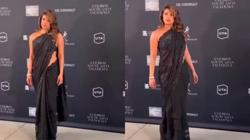 priyanka chopra turns up in black saree to host pre oscars event