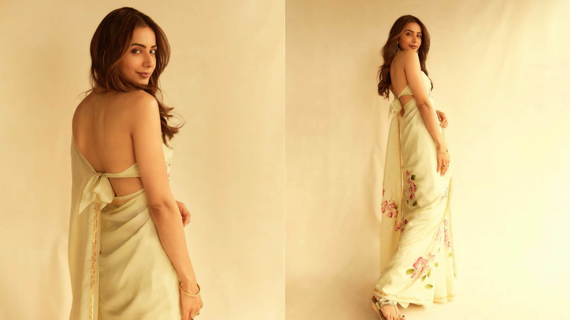 rakul preet singh strapless backless blouse with floral print saree look gorgeous for film pramotion