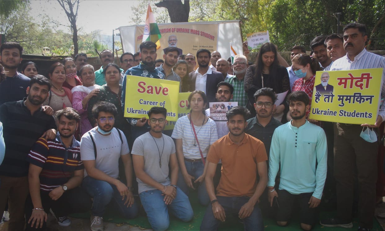 Parents of students studying in Ukraine joined the protest at Jantar Mantar