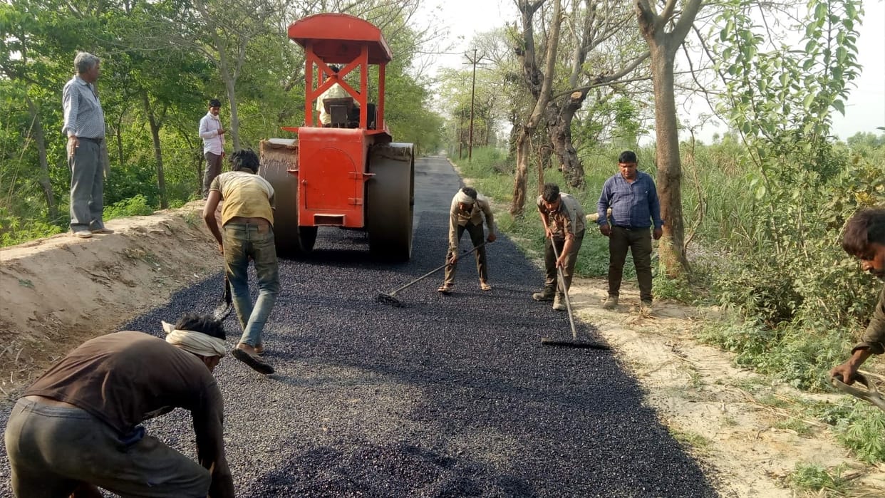 Construction of road broken by coconut