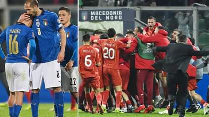 नीली जर्सी में निराश इटली के खिलाड़ी और लाल जर्सी में जश्न मनाते नॉर्थ मेसेडोनिया के खिलाड़ी
