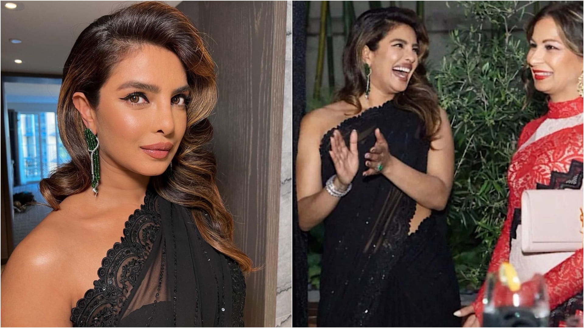 priyanka chopra hot look in black saree for pre oscar event wearing bracelet worth 20 lakh