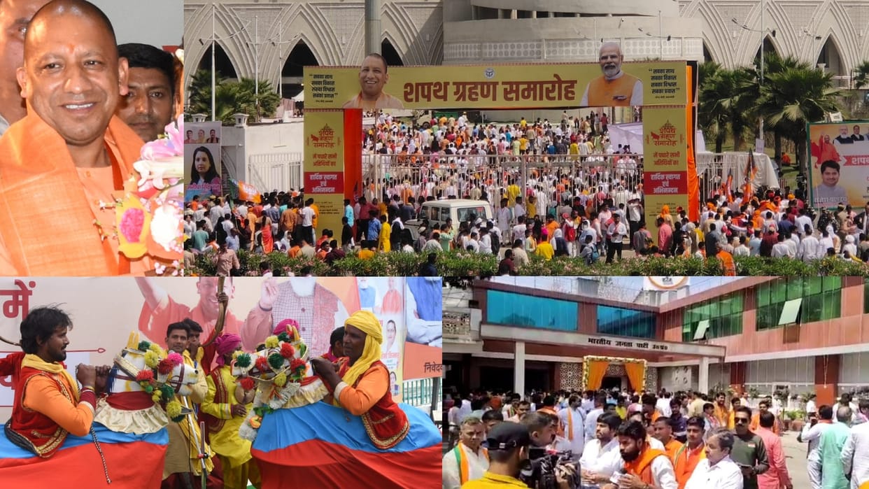 Celebration on swearing in ceremony of Yogi Adityanath.