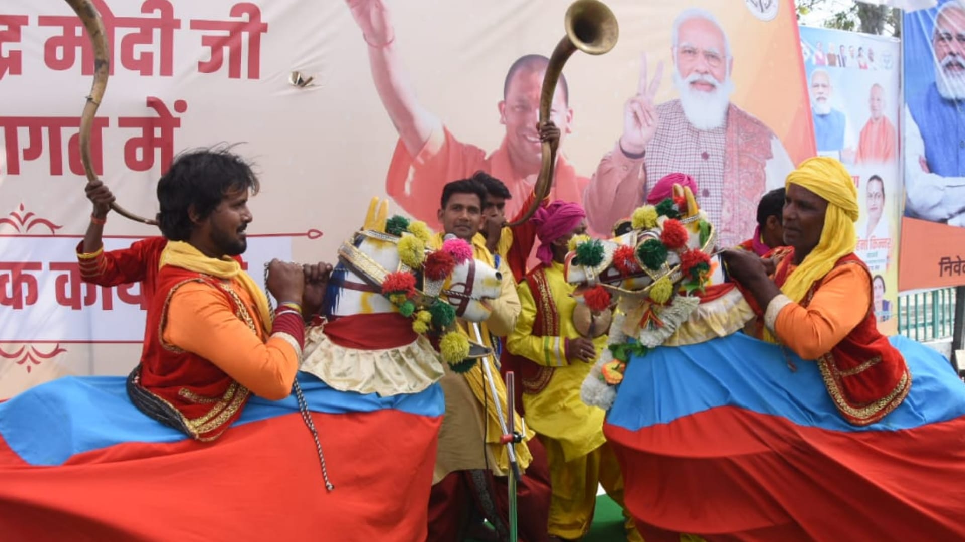 Celebration on swearing in ceremony of Yogi Adityanath.