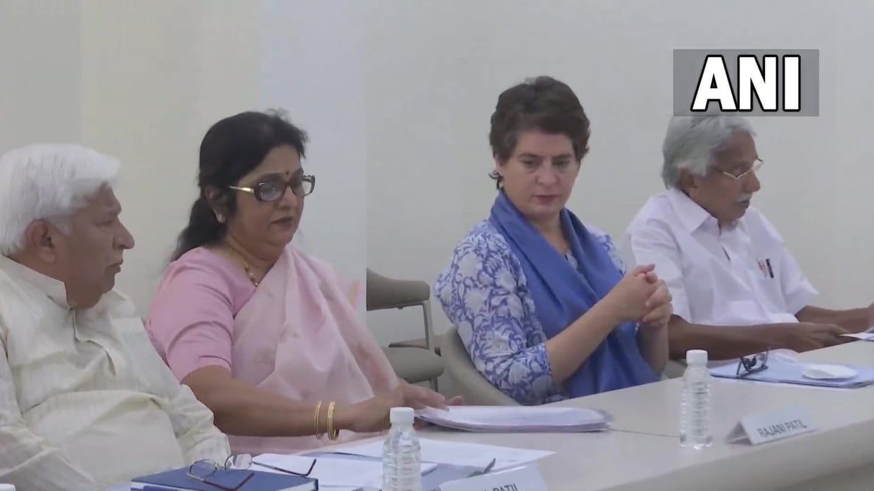 Congress leader Priyanka Gandhi and other leaders at the meeting of general secretaries and state in charge in Delhi