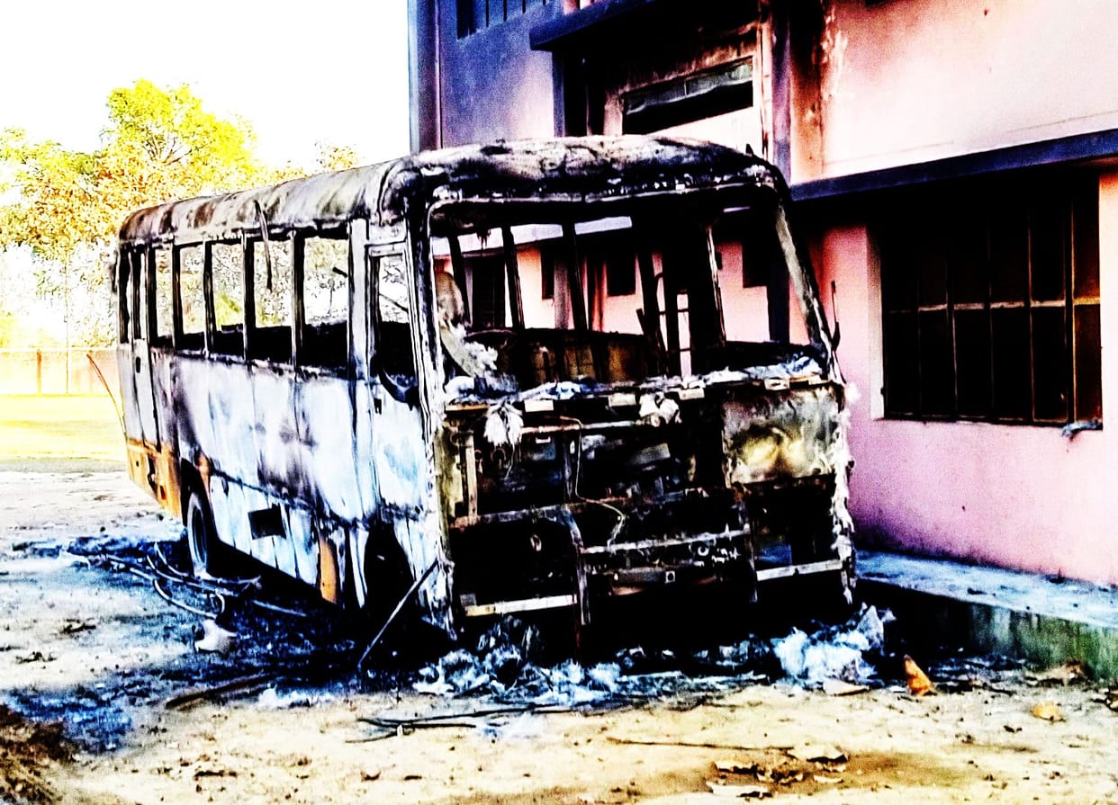 Fire in a bus parked inside the school in Tilhar