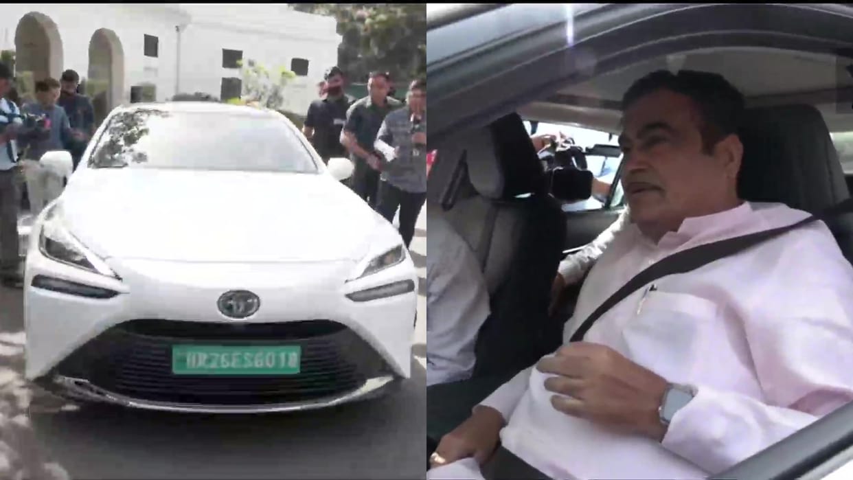 Union transport minister Nitin Gadkari reaches Parliament in a green hydrogen-powered car Toyota Mirai fuel cell electric vehicle in india