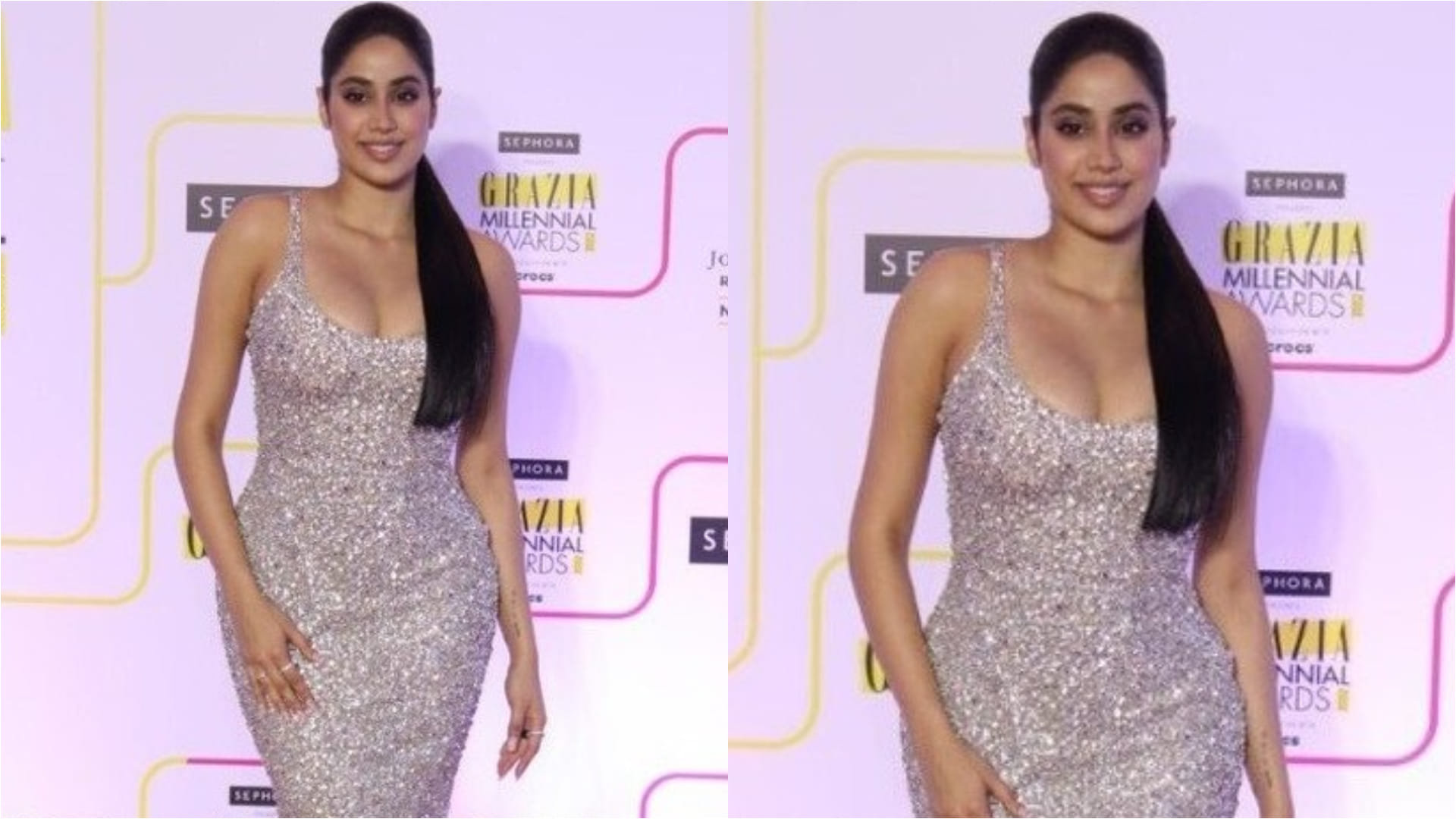 janhvi kapoor flaunts curvy figure in silver shimmer body fitting gown in bold look for grazia award show