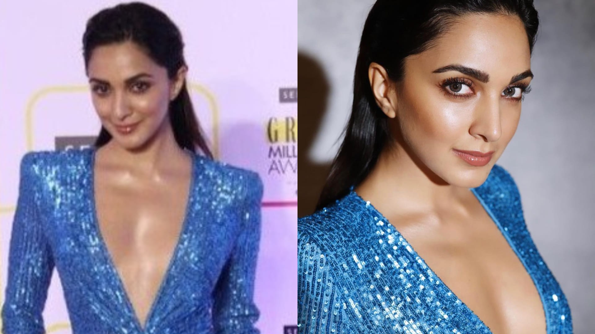kiara advani deep v plunging neckline shimmery blue jumpsuit bold
