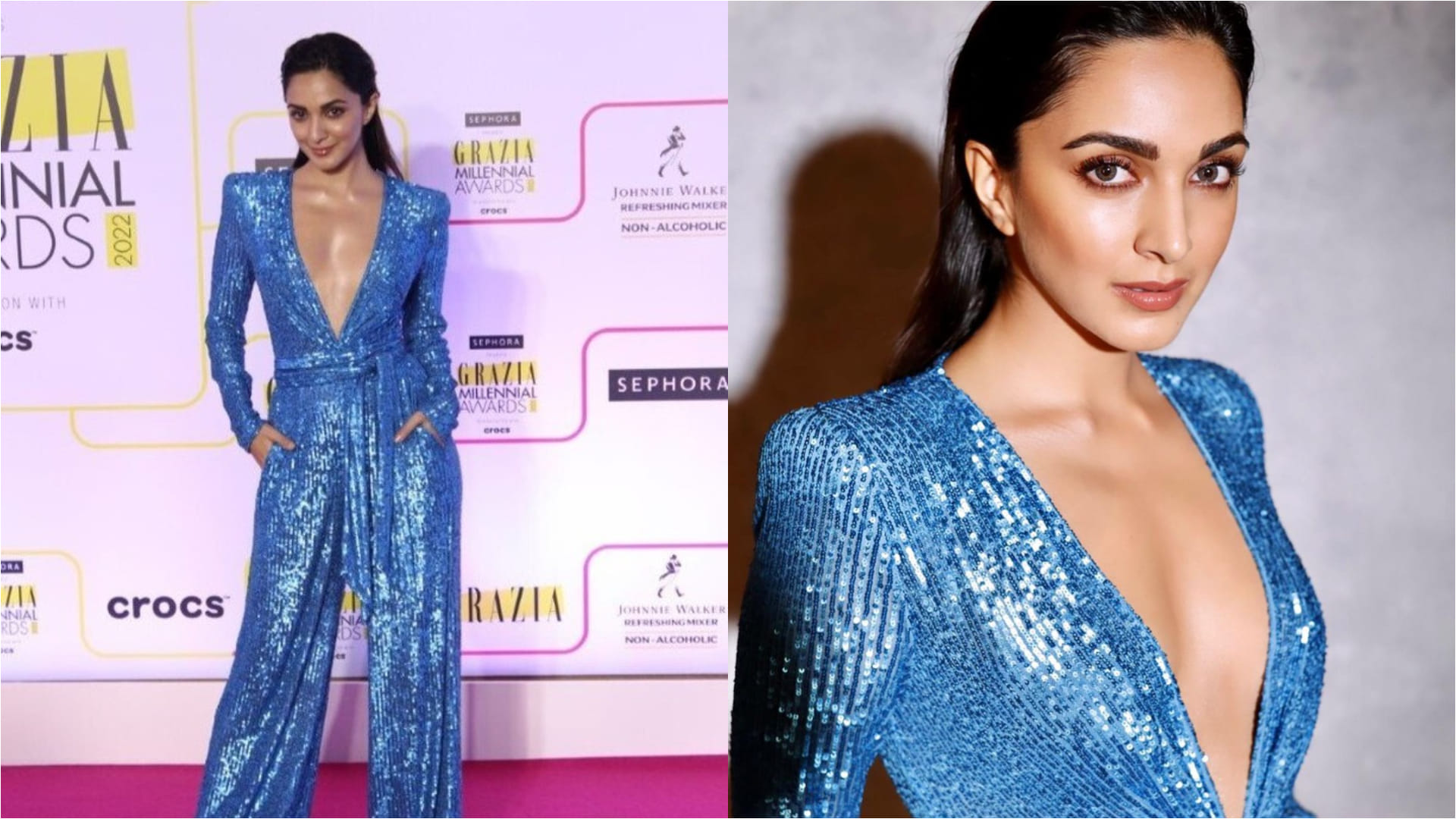 kiara advani deep v plunging neckline shimmery blue jumpsuit bold
