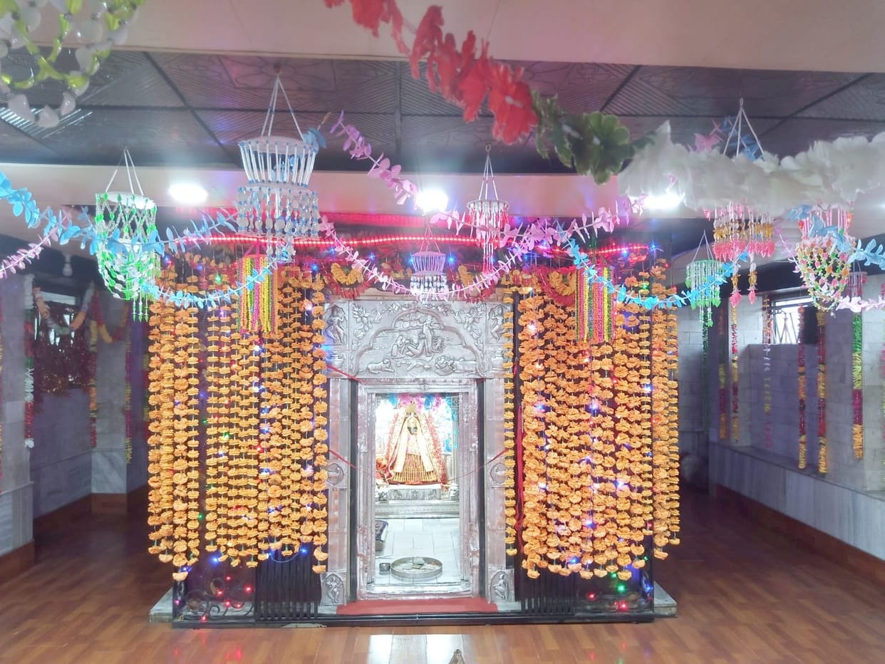 Bhadrakali Bhalei temple decorated with colorful lights