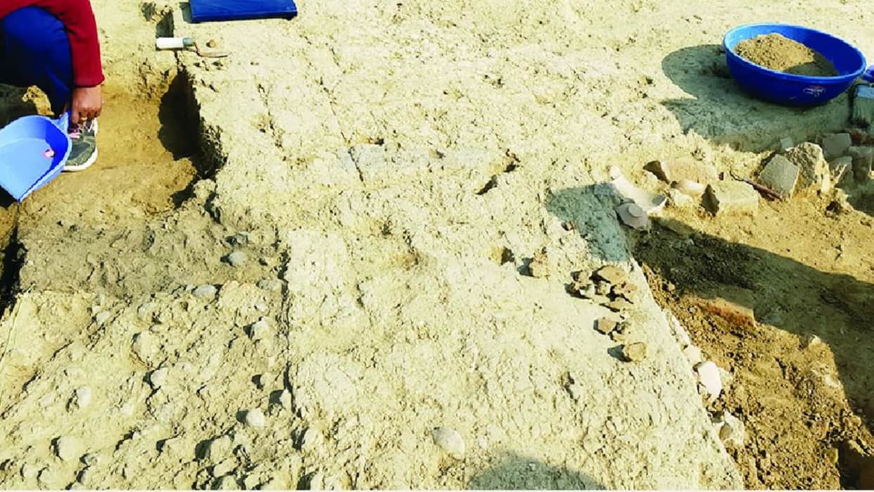 A wall of raw bricks found in excavation in Rakhigarhi of Haryana