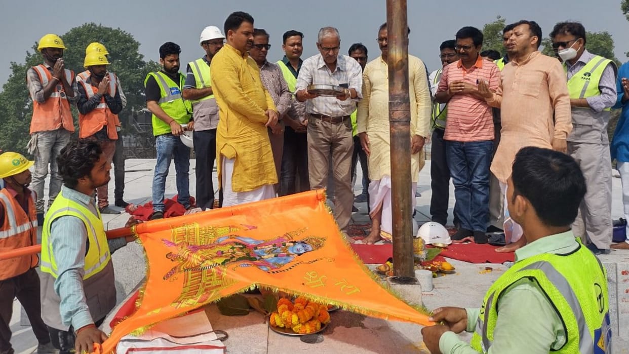 Dharm dhvaja hoisted on garbhgrah of ram temple in Ayodhya.