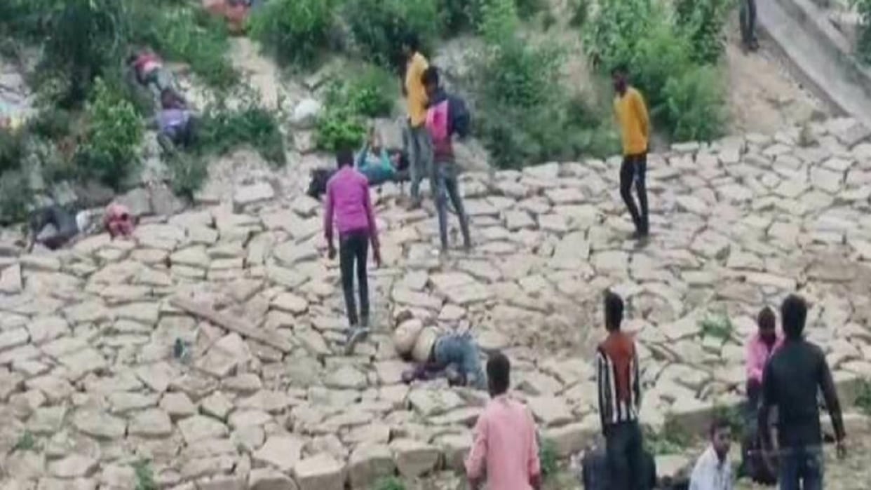 Gorakhpur Pickup fell from four lane after truck collision two killed five seriously injured