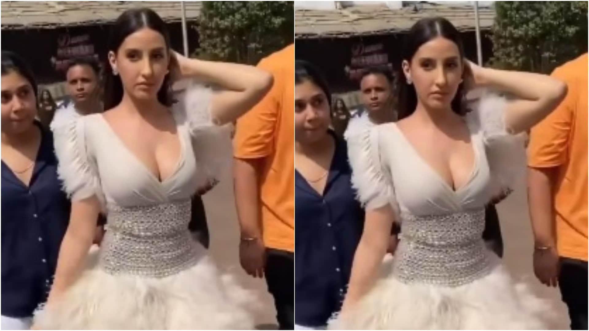 nora fatehi glow in white mini dress adorn with feather