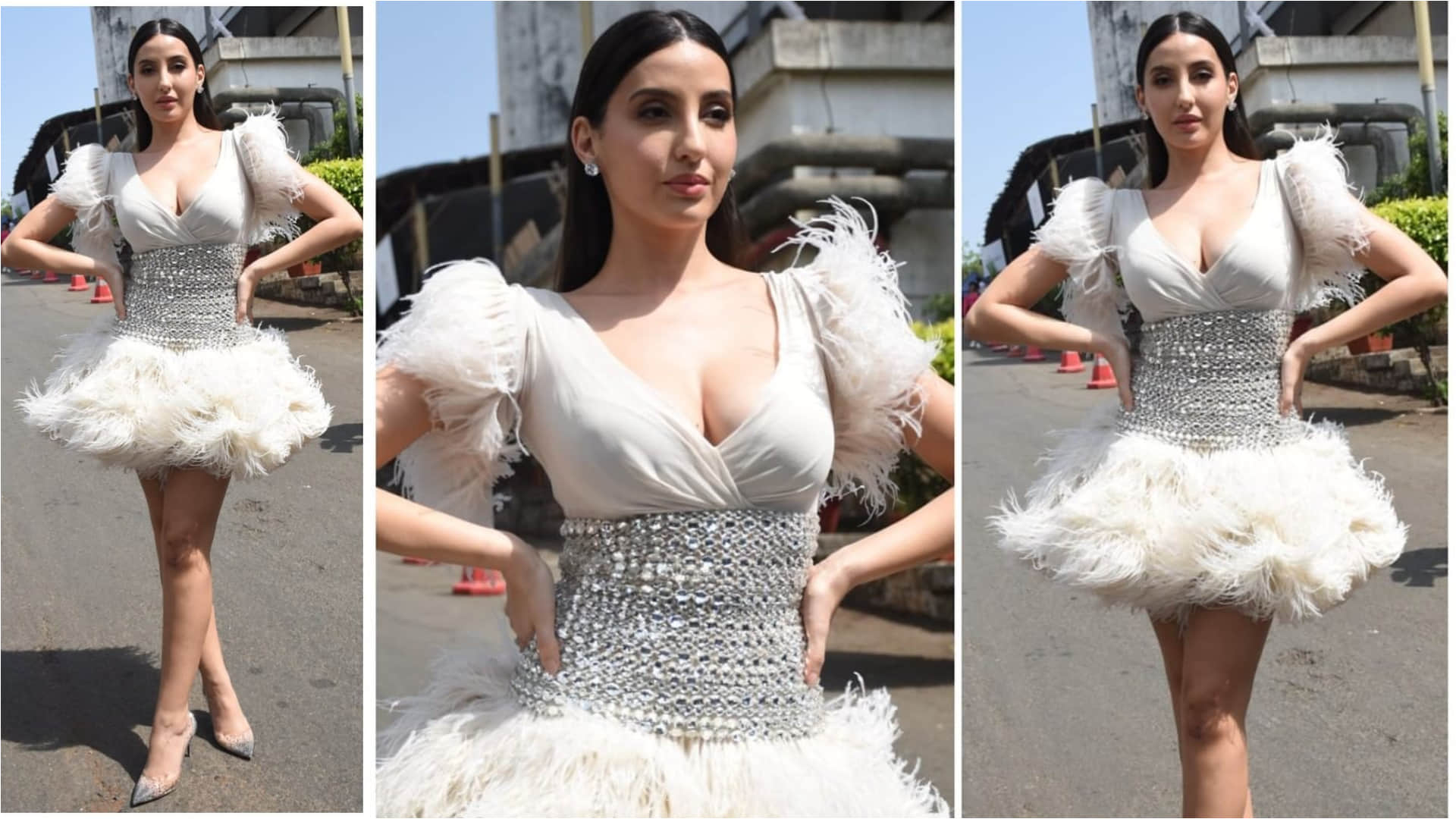 nora fatehi glow in white mini dress adorn with feather