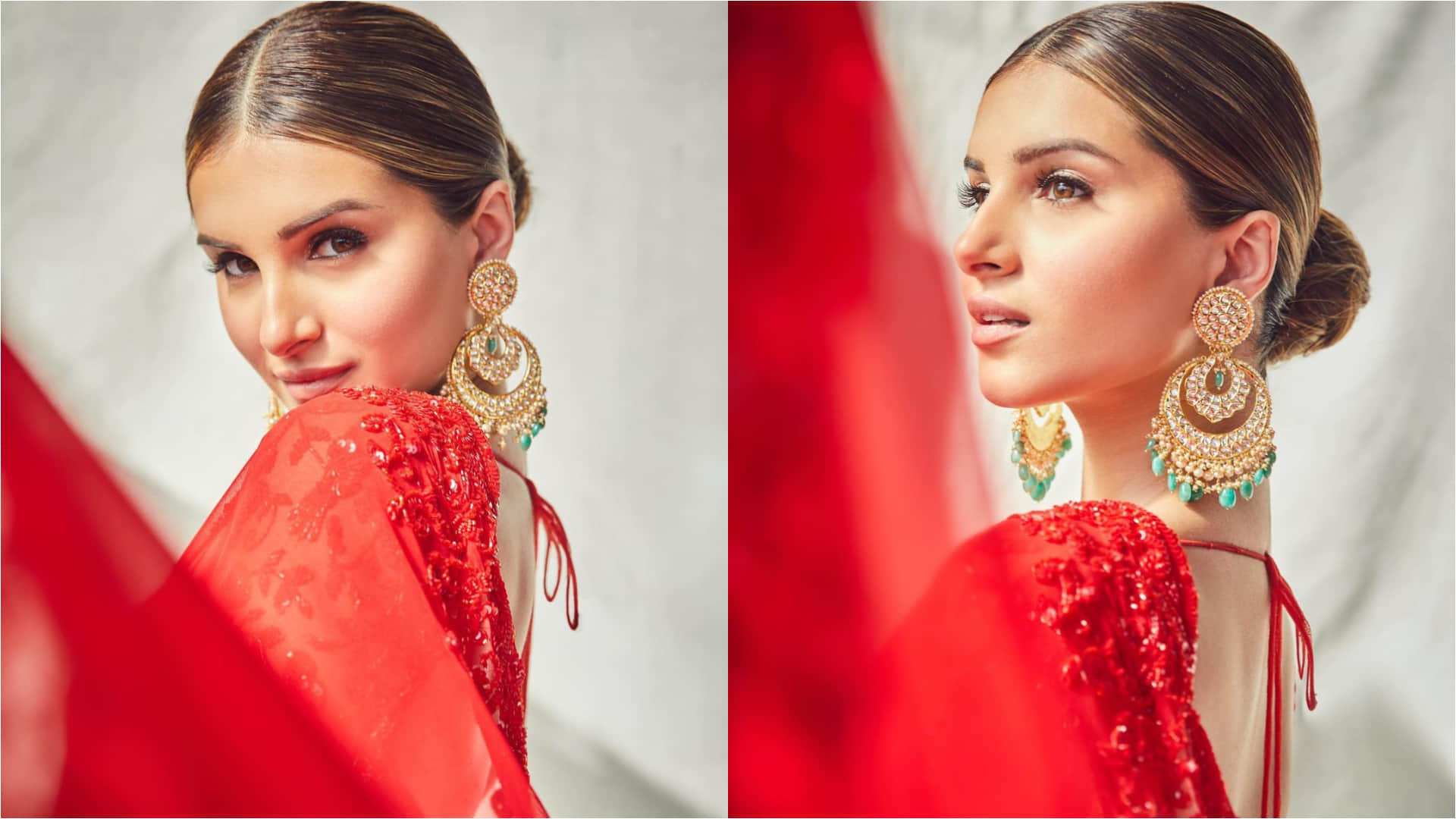 tara sutaria looking extremely gorgeous in red saree with backless blouse