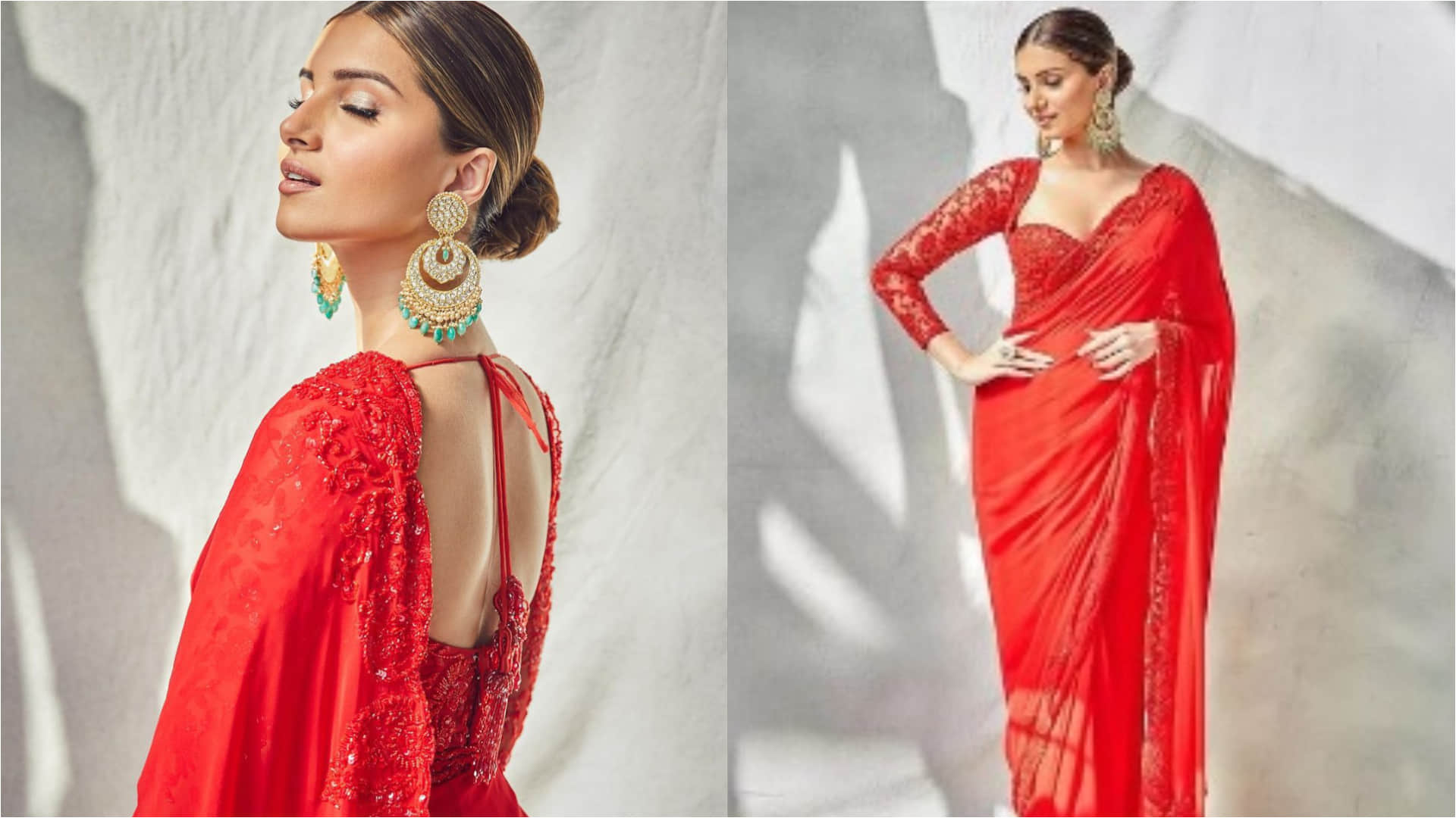 tara sutaria looking extremely gorgeous in red saree with backless blouse
