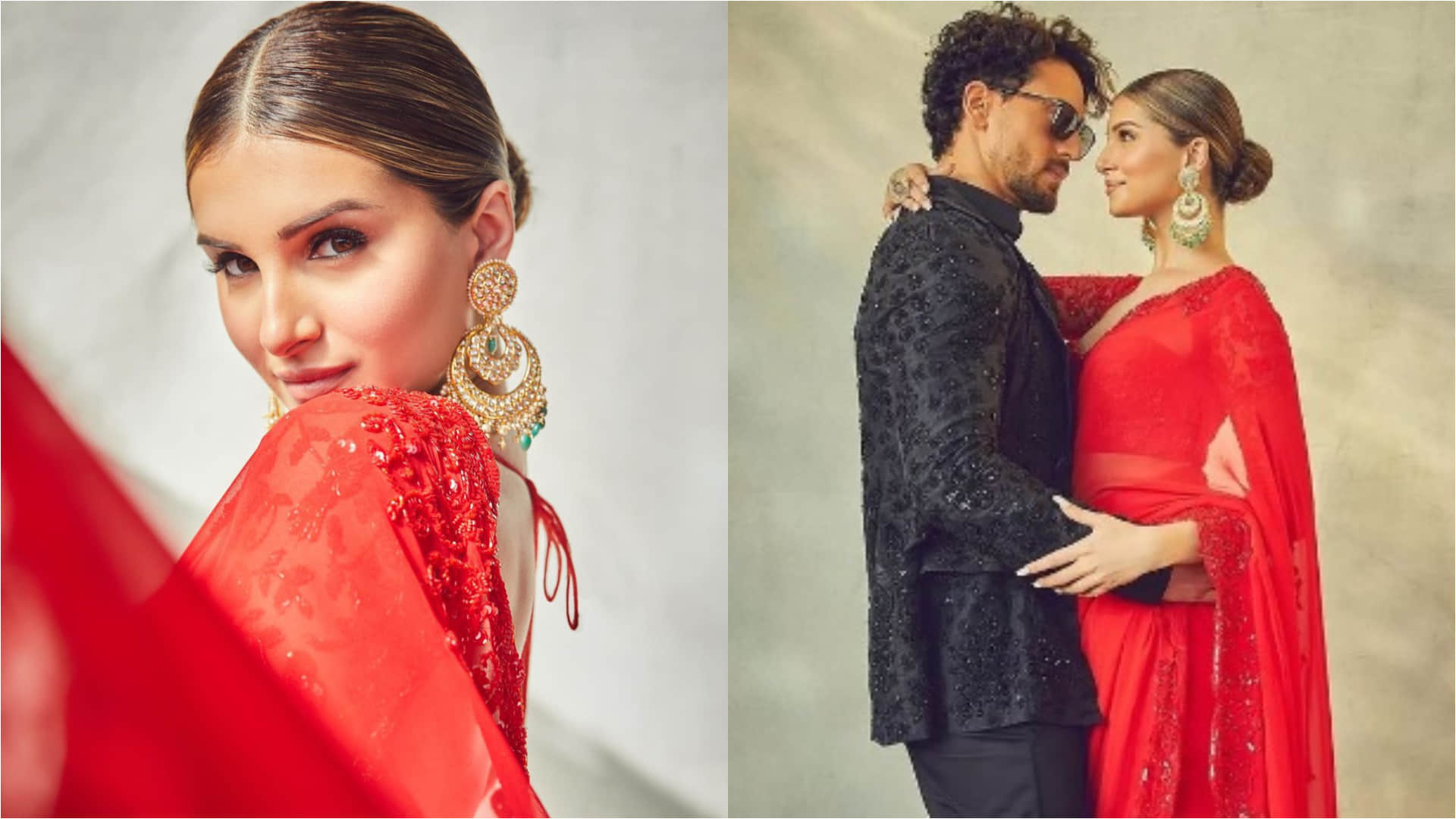 tara sutaria looking extremely gorgeous in red saree with backless blouse