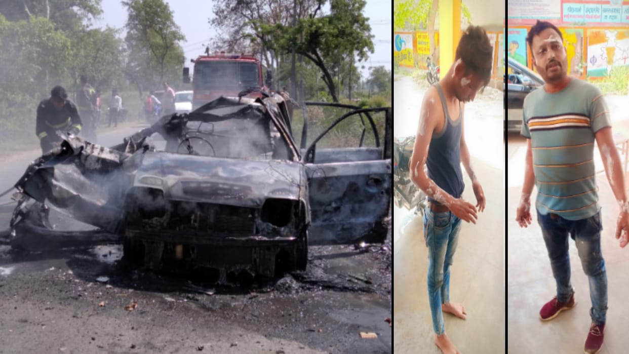 Bijnor news: Moving Car caught on Fire in Bijnor District today, two youth scorched