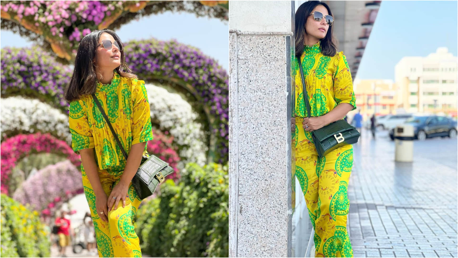 hina khan wear floral suit pant for dubai vacation