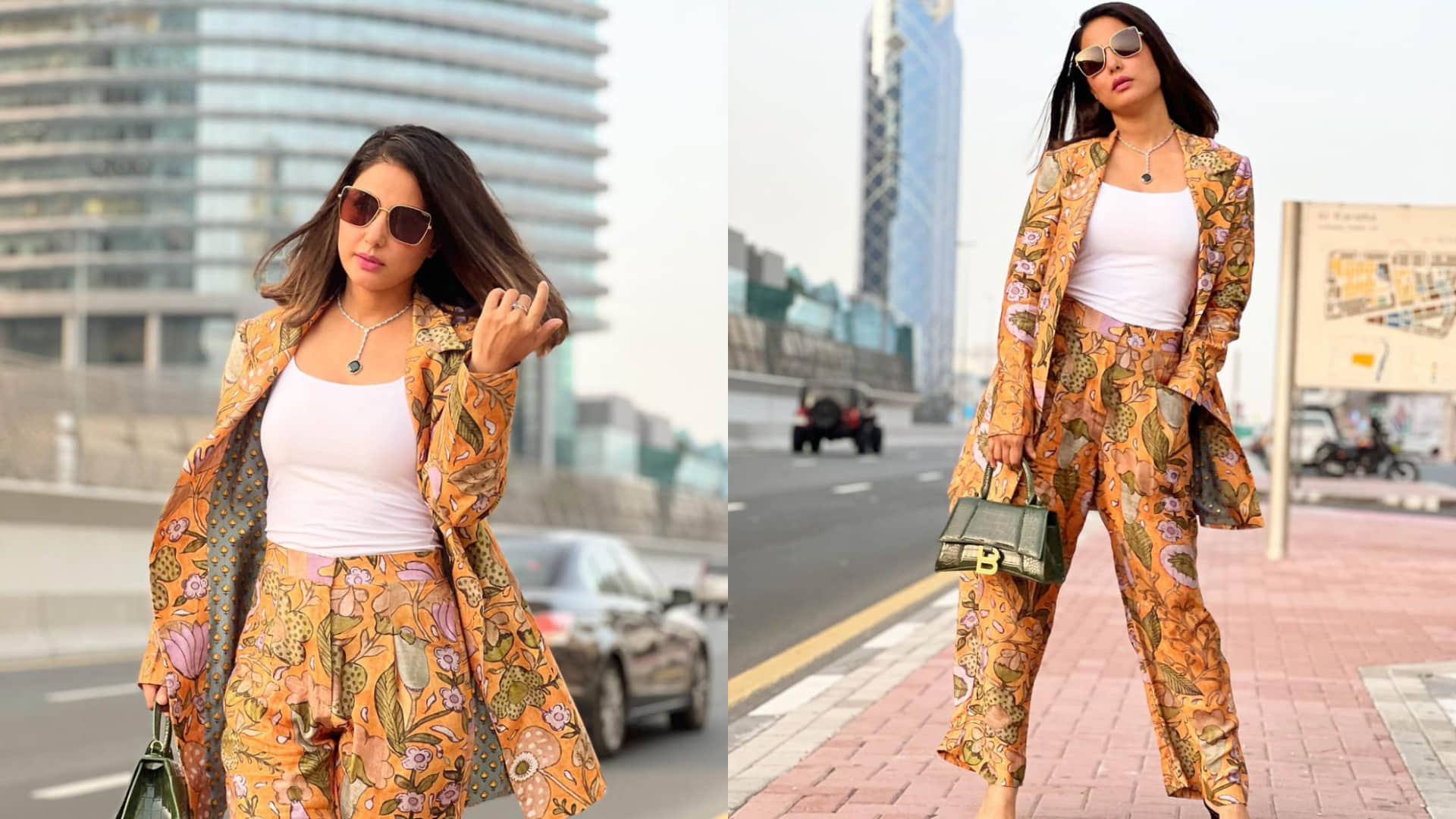 hina khan wear floral suit pant for dubai vacation