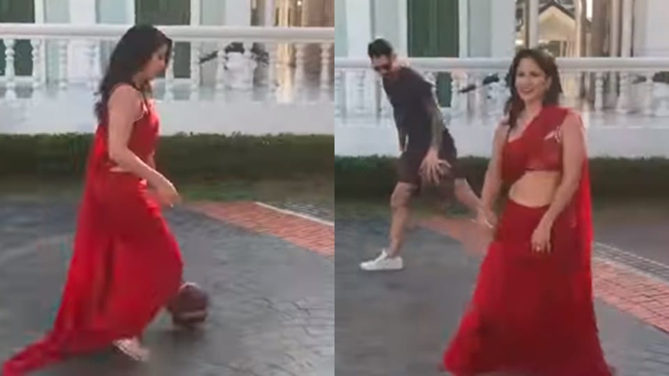 sunny leone playing basketball with her husband in saree fans recalled shahrukh khan and kajol