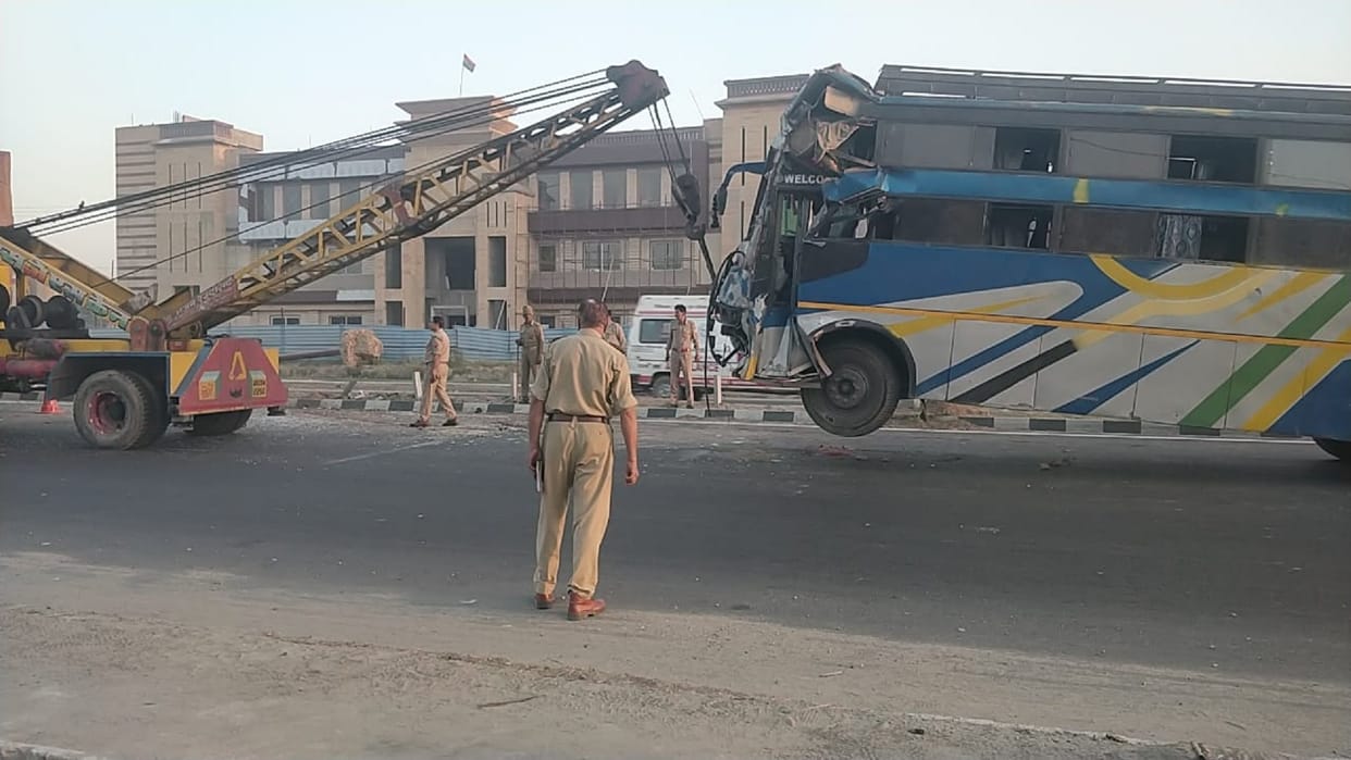 Big Road Accident In UP Bus rammed into container in Gajraula