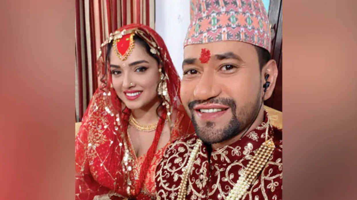 Nirahua and Amrapali Dubey shares video from the sets of Nirahua Banal Crorepati in nepali wedding outfit
