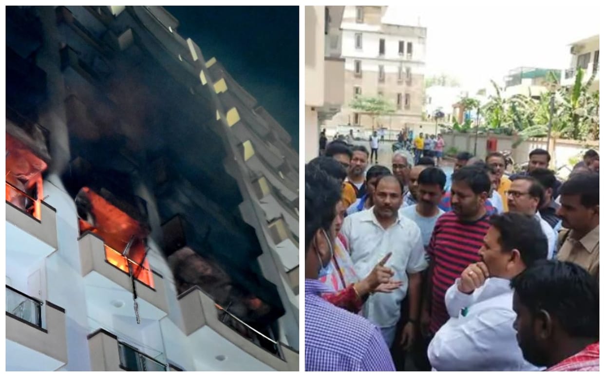Fire broke out in apartment in varanasi Fury and fury among flat owners against builder demand for compensation