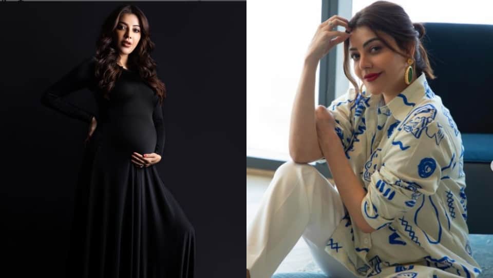 new mom kajal aggarwal shares summer ready stylish pic in thigh high slit gown