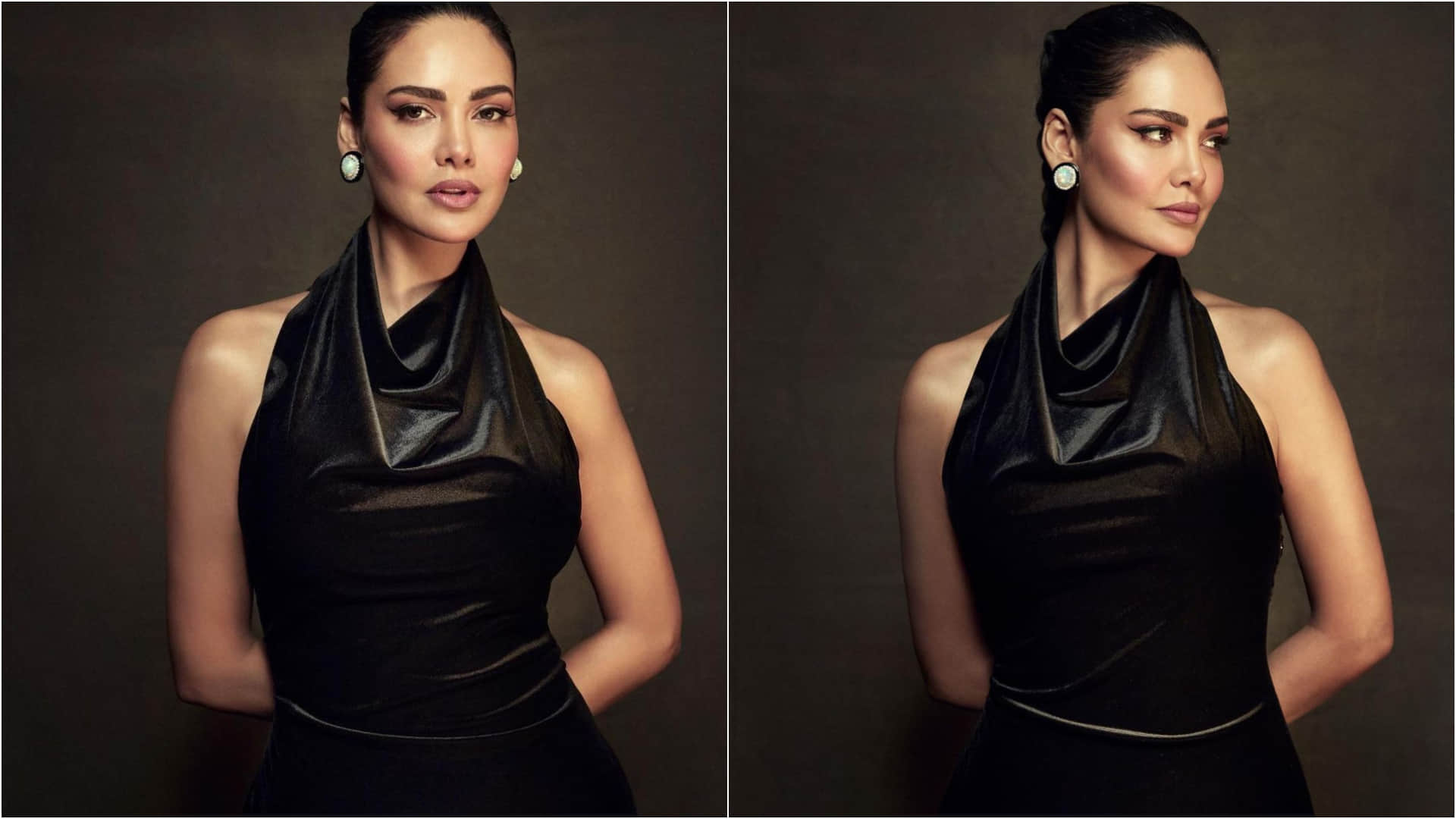 esha gupta halter neck leather gown looks classy and sizzling perfect for party evening
