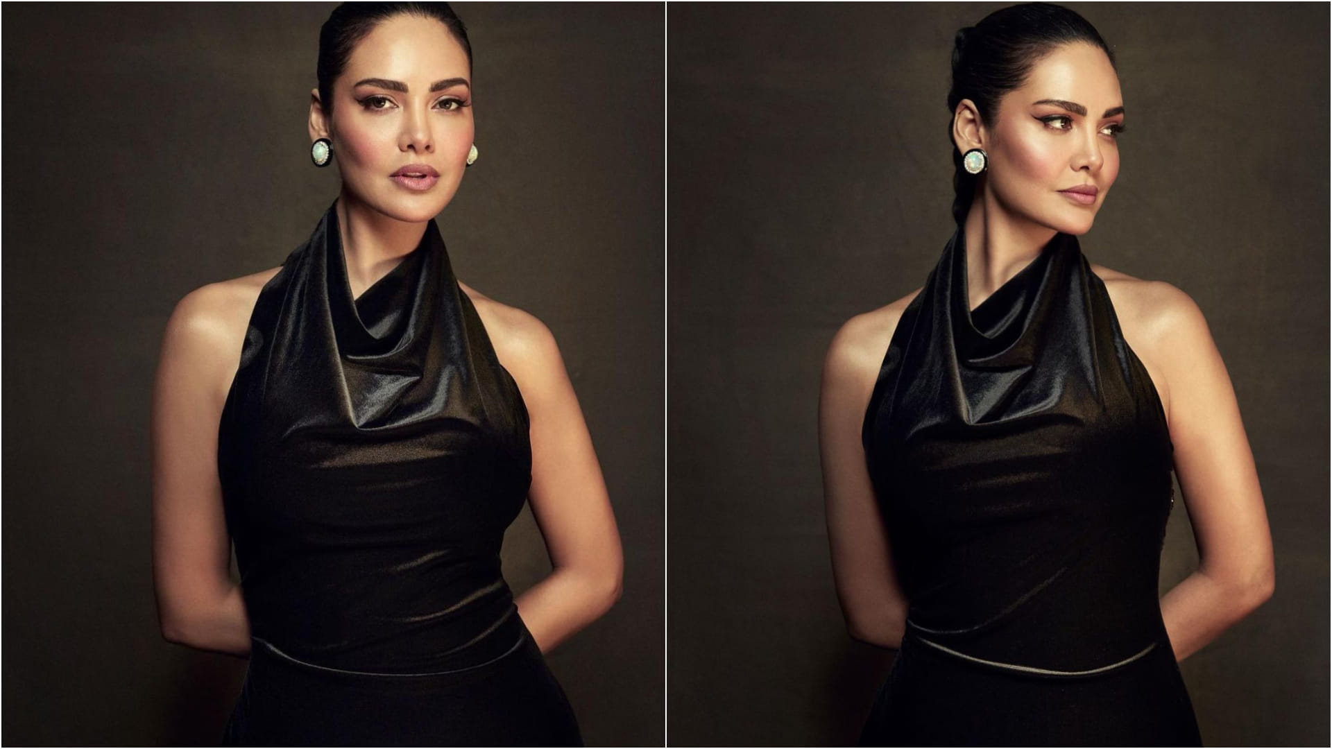 esha gupta halter neck leather gown looks classy and sizzling perfect for party evening
