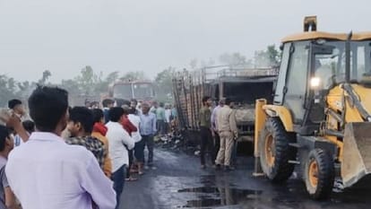 Fire broke out in moving canter groceries burnt to ashes