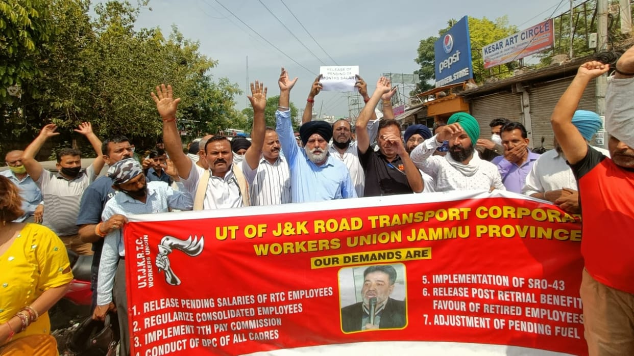 Road Transport Corporate and Workers Union protest in jammu against wage discrepancy and other demands