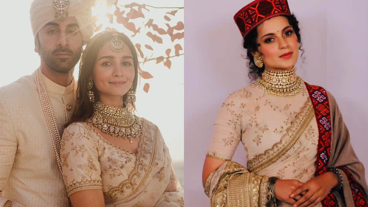 alia bhatt wedding sbyasachi saree wore by kangana ranaut in her brother reception