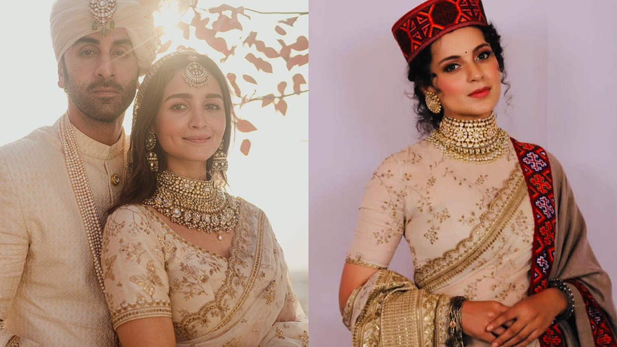 alia bhatt wedding sbyasachi saree wore by kangana ranaut in her brother reception