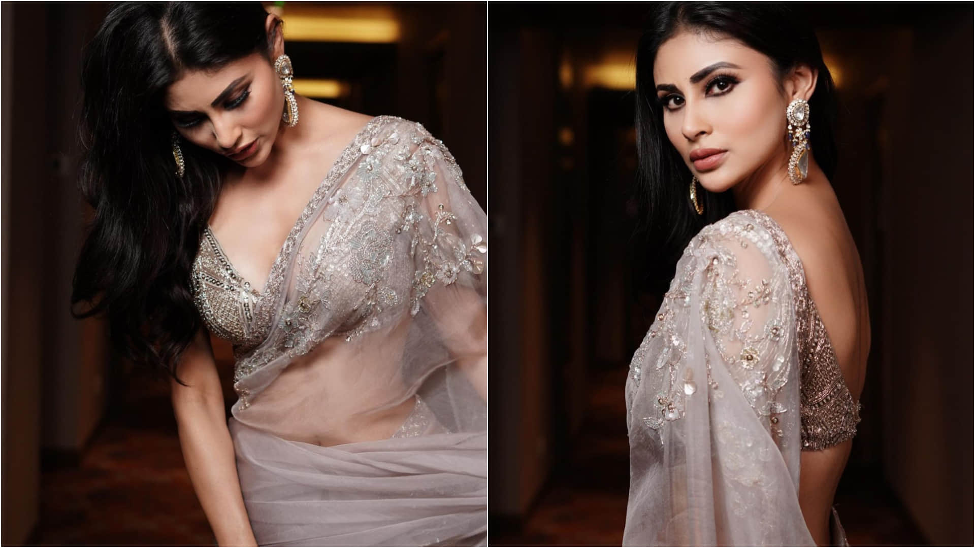 mouni roy look stunning in sheer grey saree in latest pic