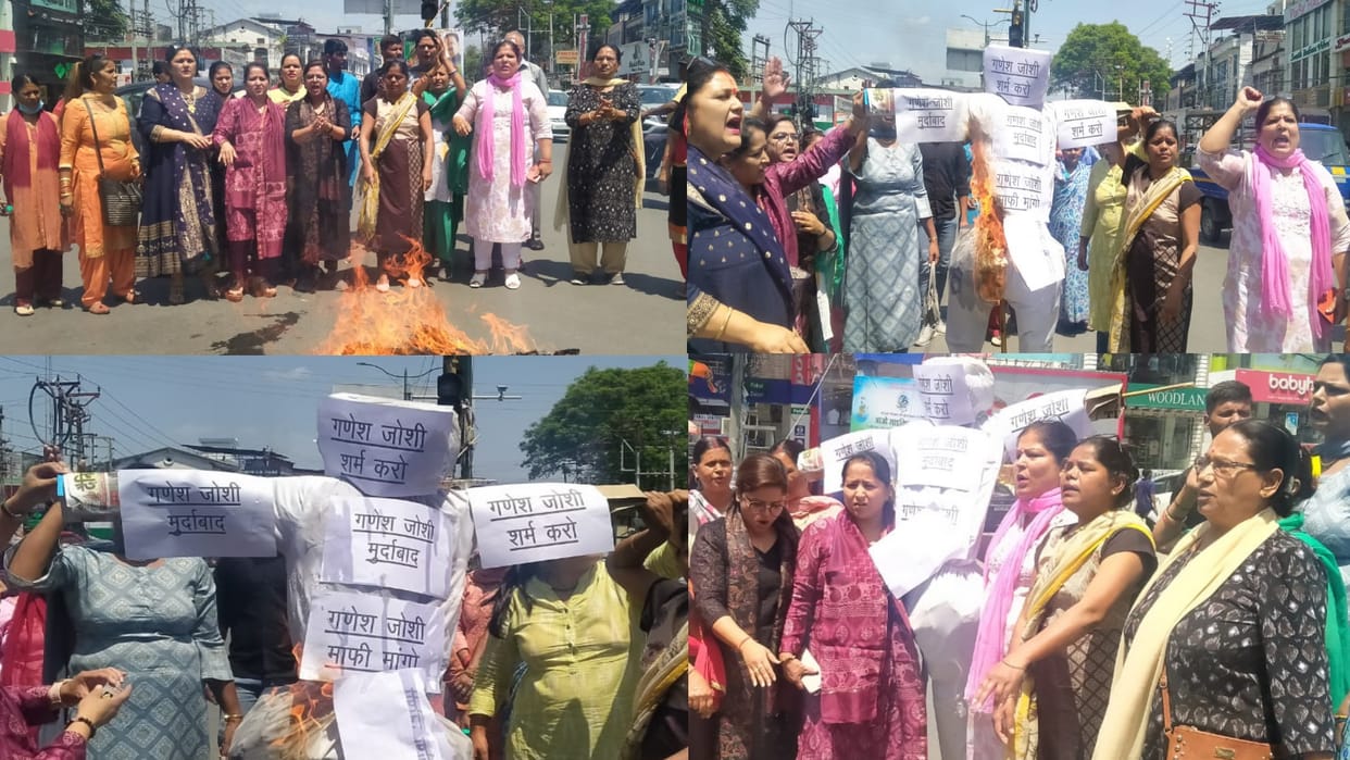 indecent comment on sonia gandhi and rahul gandhi, Women Congress workers protested against cabinet minister Ganesh Joshi