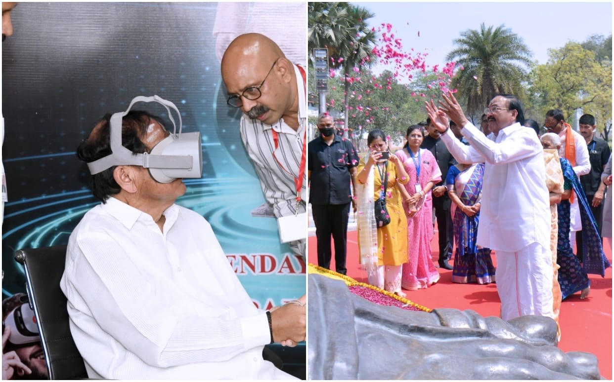 venkaiah naidu varanasi kashi visit second day flowers laid at feet of Pandit Deendayal Upadhyay also watched 3D film on his life character