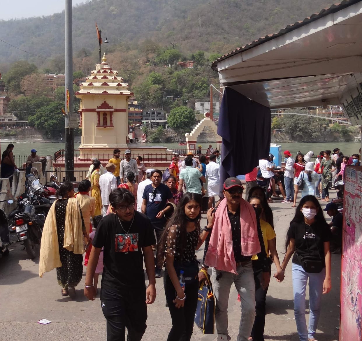 Crowd of tourists gathered in the pilgrimage town